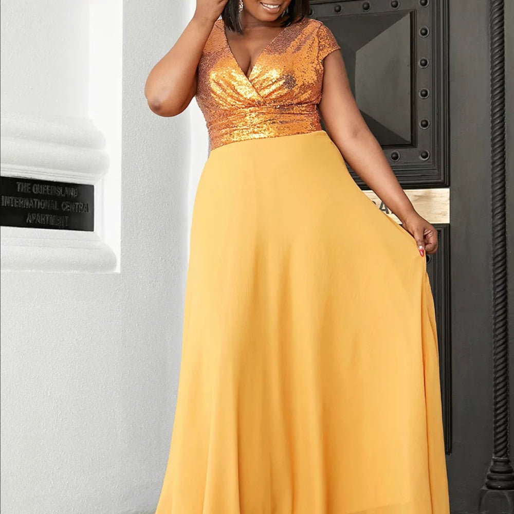 Yellow Sequin Plus Size Evening Dress Sleeveless Chiffon A-line Party Gown