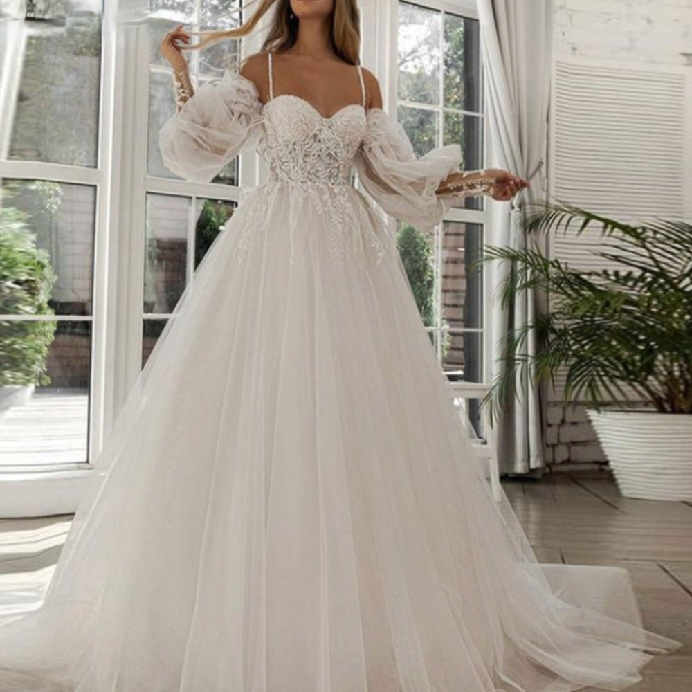 
                      
                        Lace Tulle Boho Wedding Dress Off The Shoulder Sleeve Sweetheart Bridal Gown
                      
                    