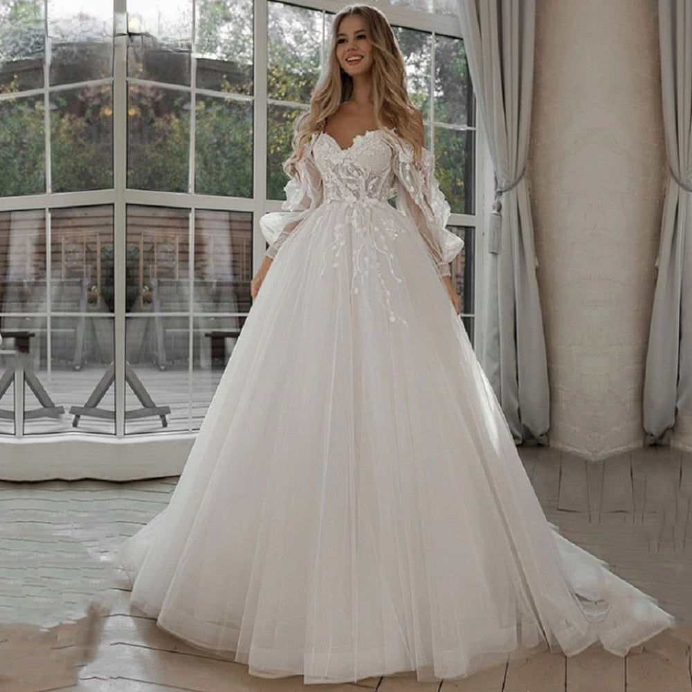 Lace Tulle Boho Wedding Dress Off The Shoulder Sleeve Sweetheart Bridal Gown