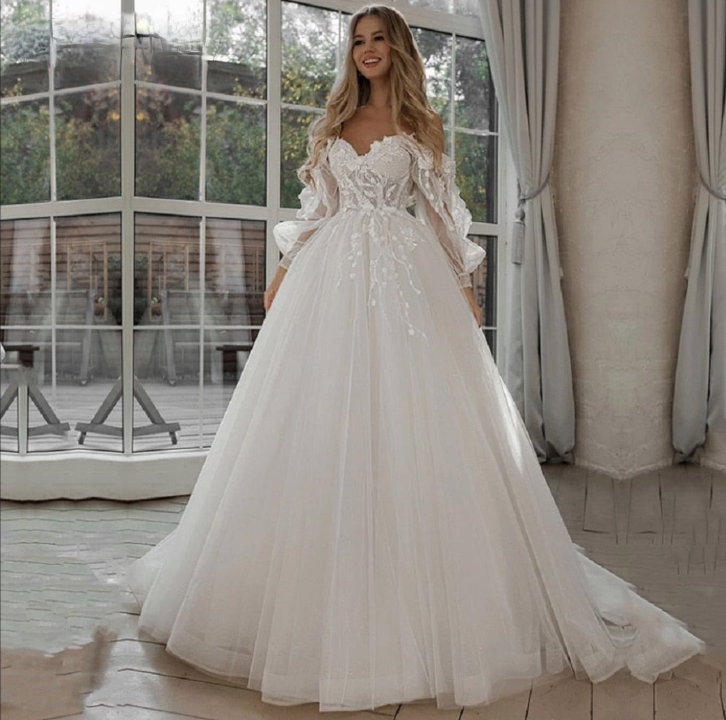 Lace Tulle Boho Wedding Dress Off The Shoulder Sleeve Sweetheart Bridal Gown