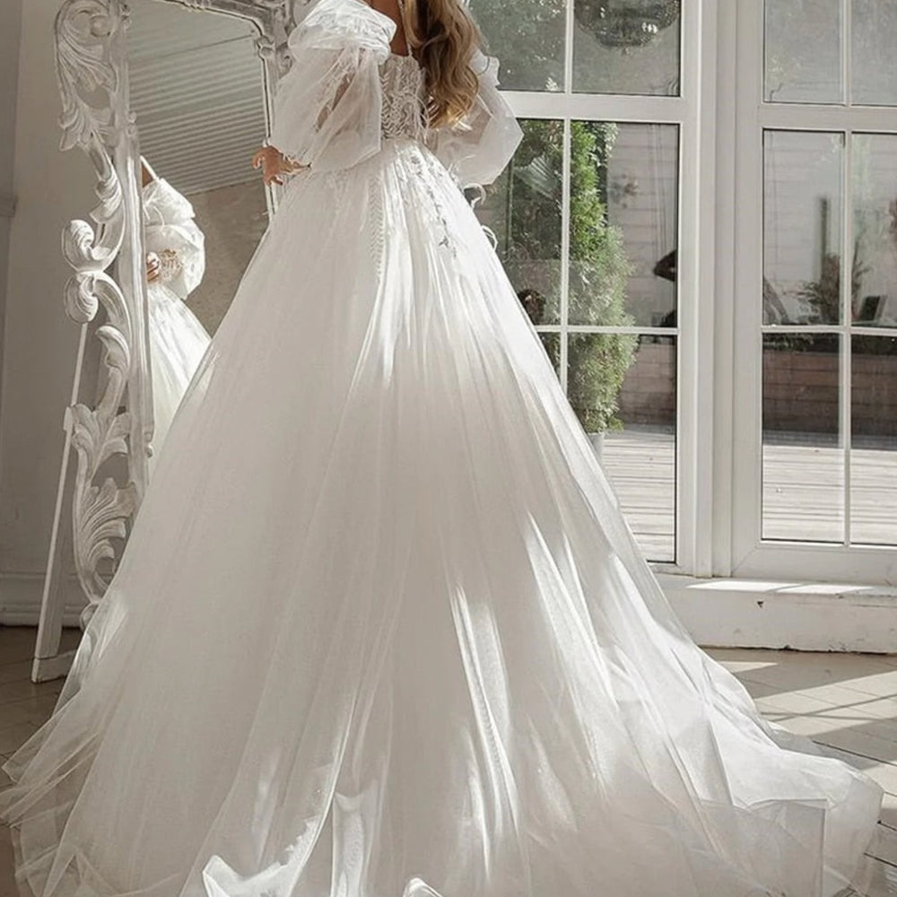 
                      
                        Lace Tulle Boho Wedding Dress Off The Shoulder Sleeve Sweetheart Bridal Gown
                      
                    