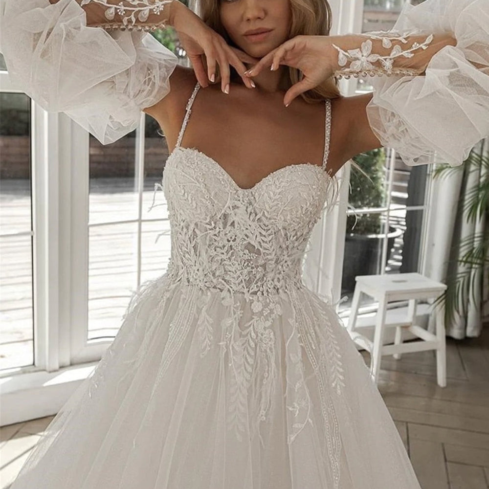 Lace Tulle Boho Wedding Dress Off The Shoulder Sleeve Sweetheart Bridal Gown