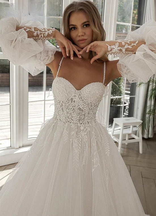 Lace Tulle Boho Wedding Dress Off The Shoulder Sleeve Sweetheart Bridal Gown