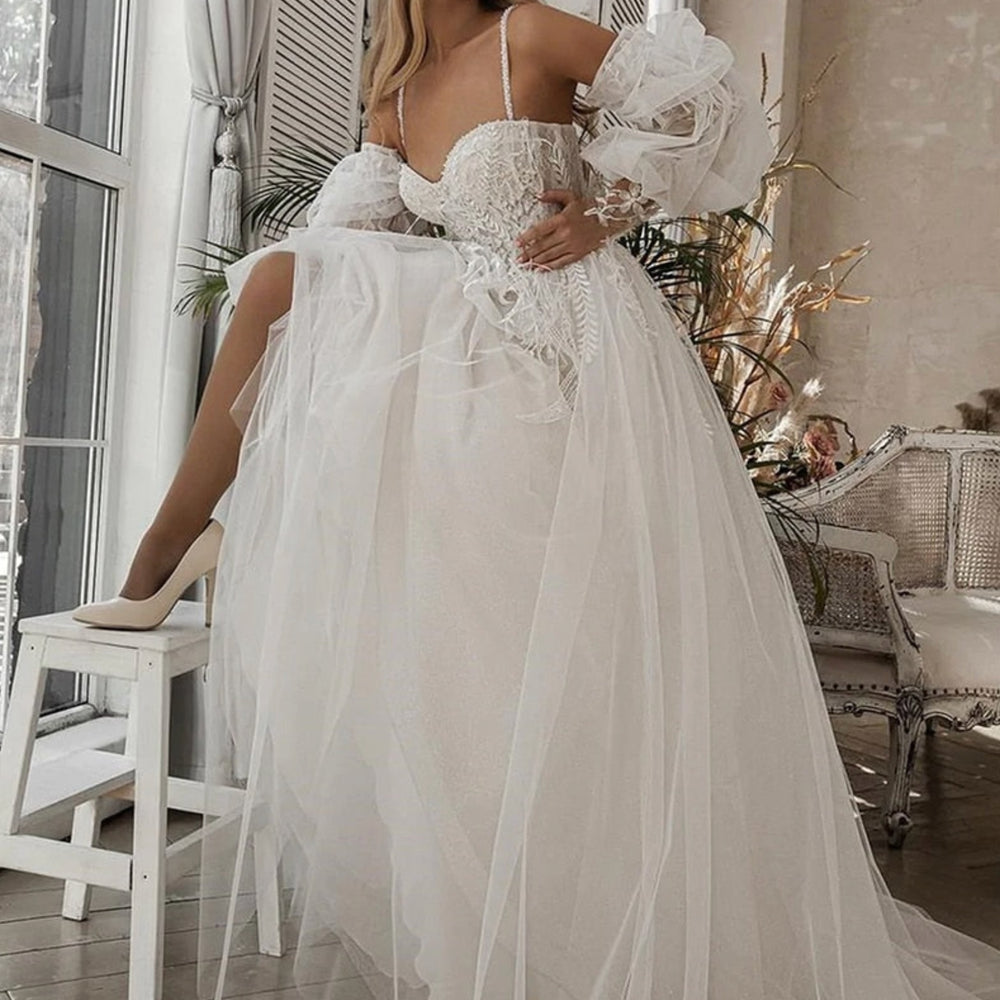 
                      
                        Lace Tulle Boho Wedding Dress Off The Shoulder Sleeve Sweetheart Bridal Gown
                      
                    