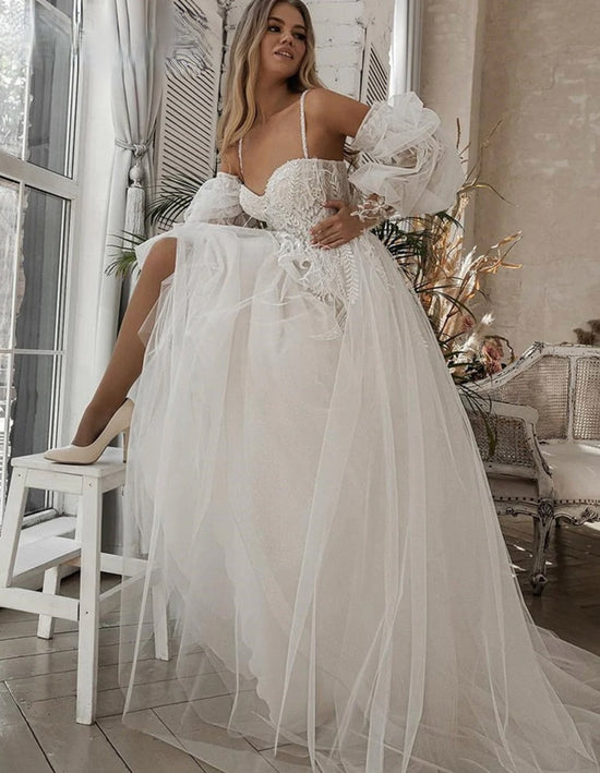 Lace Tulle Boho Wedding Dress Off The Shoulder Sleeve Sweetheart Bridal Gown