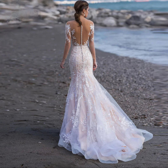 Beach Mermaid Wedding Dress Long Lace Sleeves Illusion Back Bridal Gown