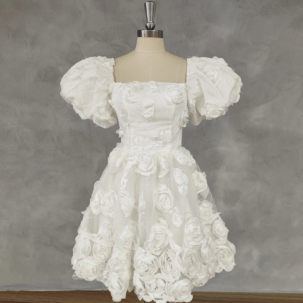 
                      
                        3D Flowers Square Neck Puff Sleeves Short Wedding Party Mini Dress
                      
                    