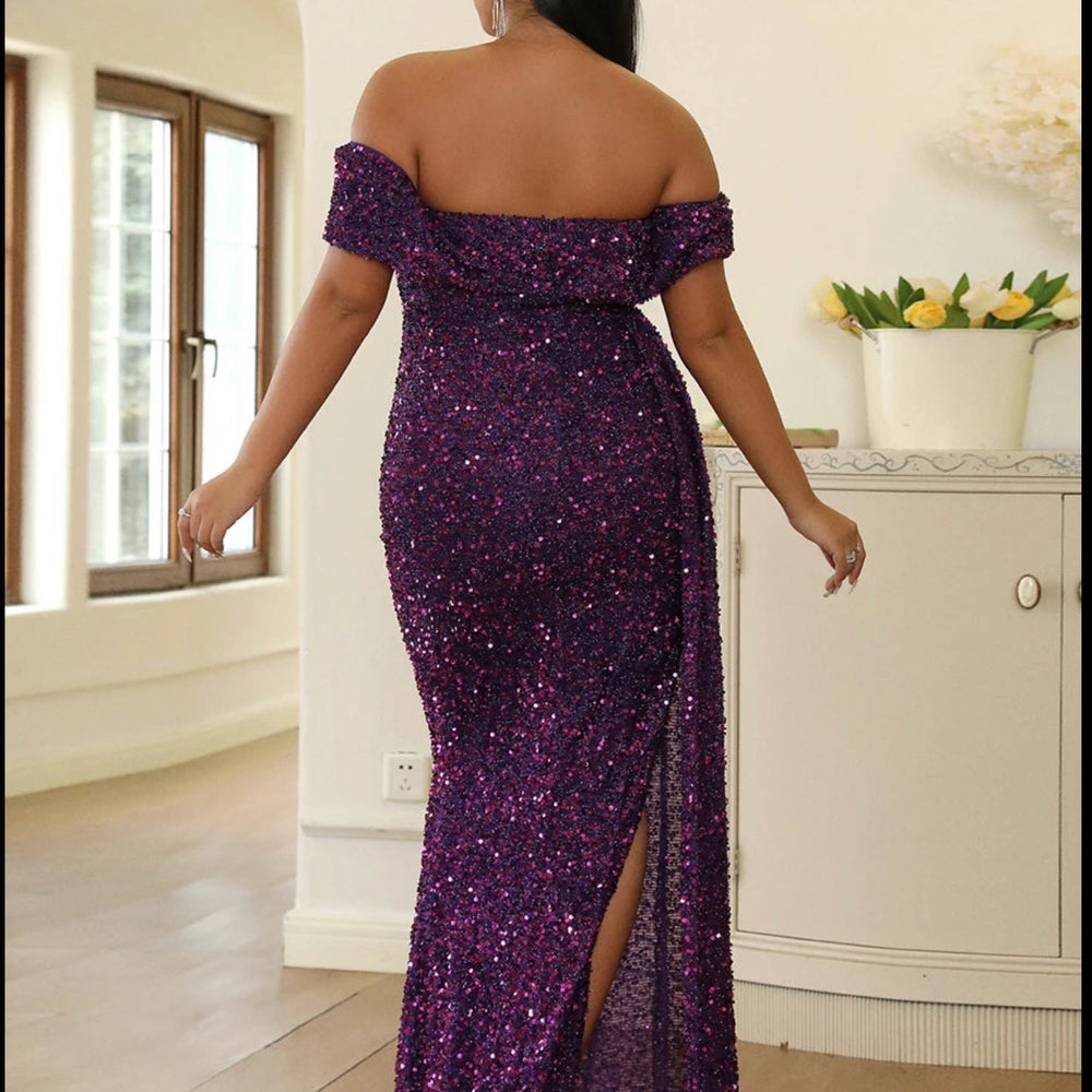 Purple Sequin Plus Size Party Dress Off Shoulder Evening Gown