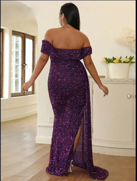 Purple Sequin Plus Size Party Dress Off Shoulder Evening Gown