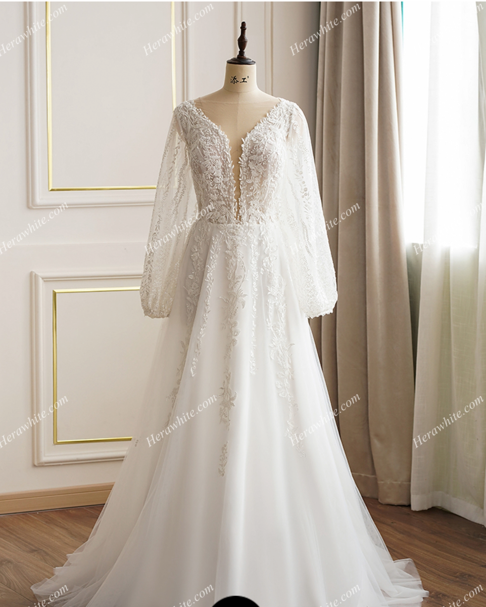 Lace Long Sleeve Plunging Neckline Wedding Dress