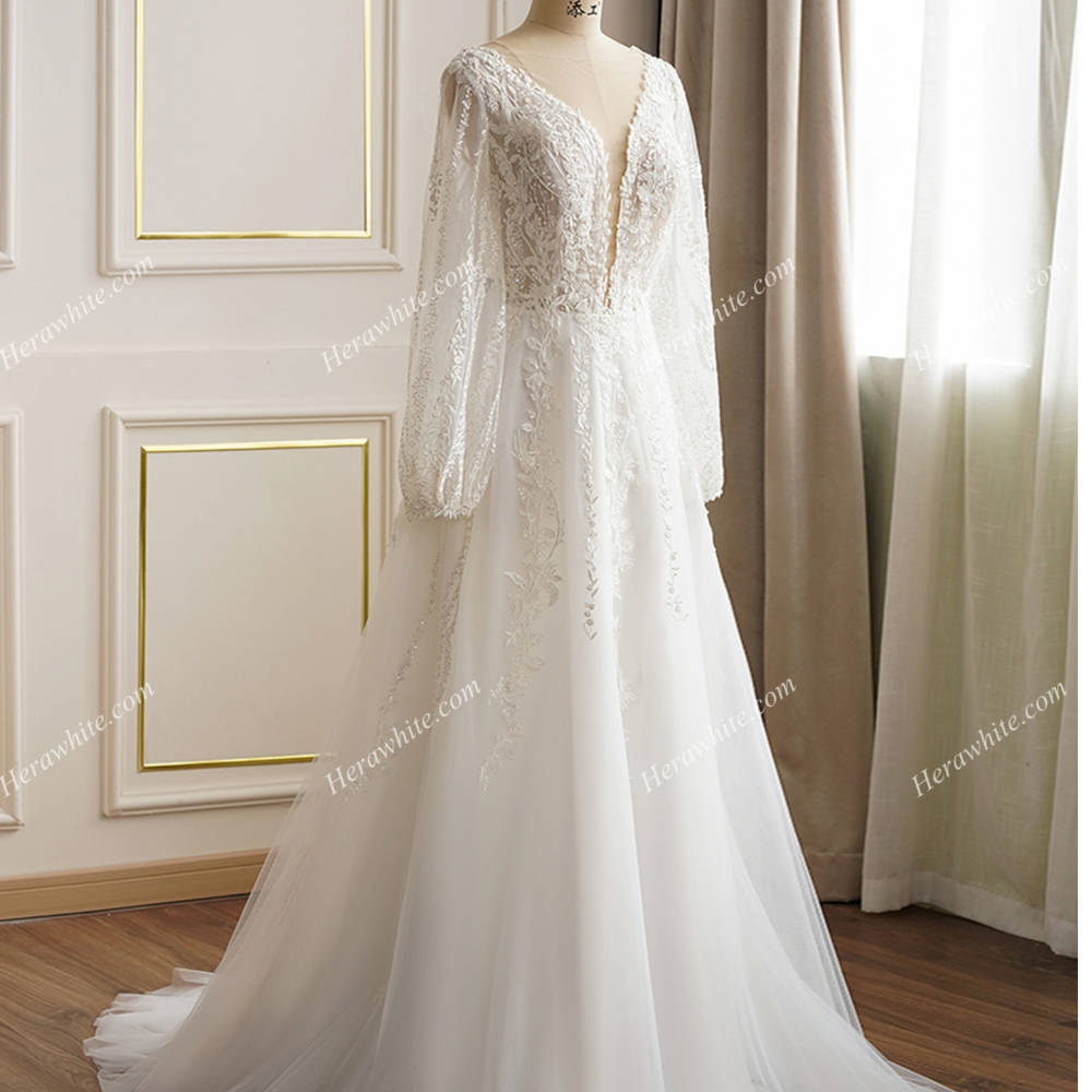 Lace Long Sleeve Plunging Neckline Wedding Dress