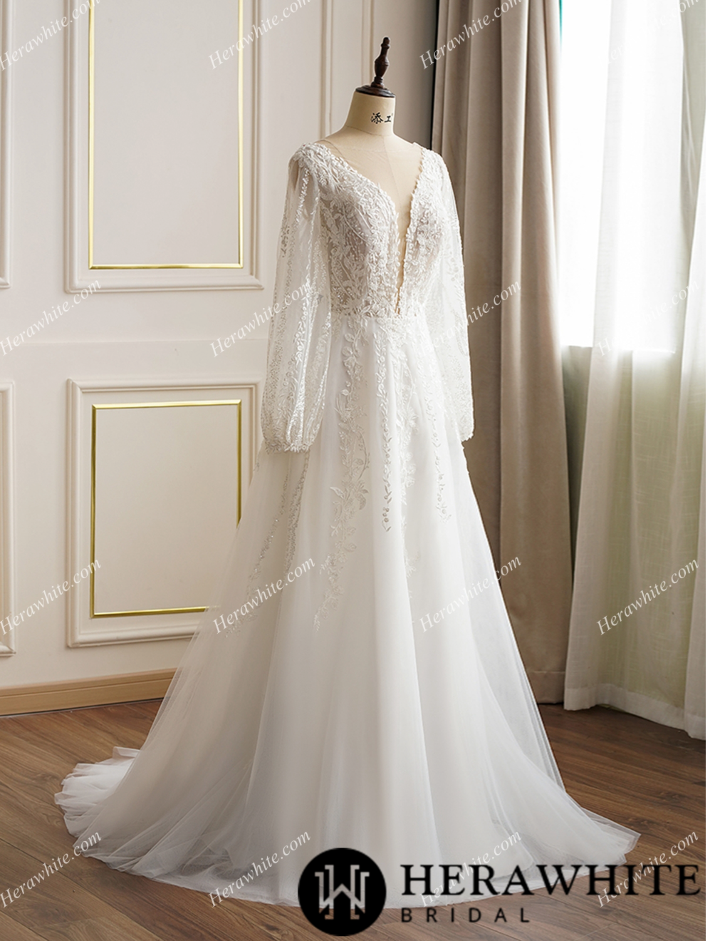 Lace Long Sleeve Plunging Neckline Wedding Dress