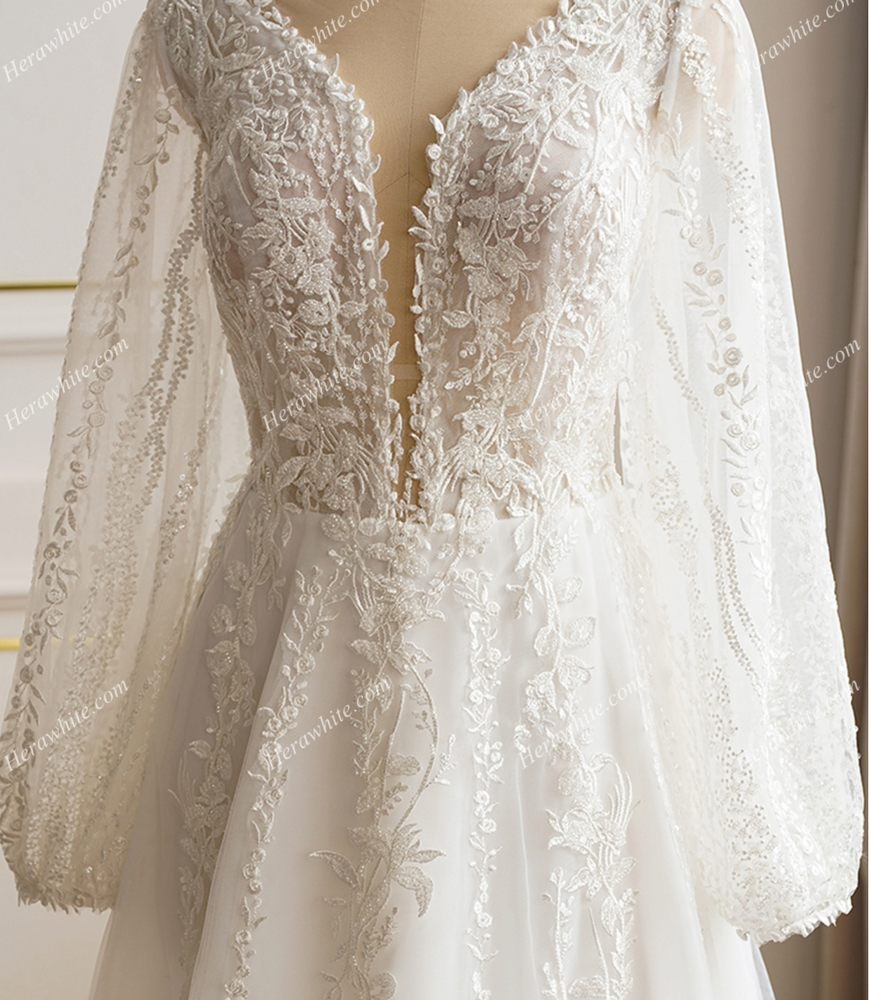 
                      
                        Lace Long Sleeve Plunging Neckline Wedding Dress
                      
                    