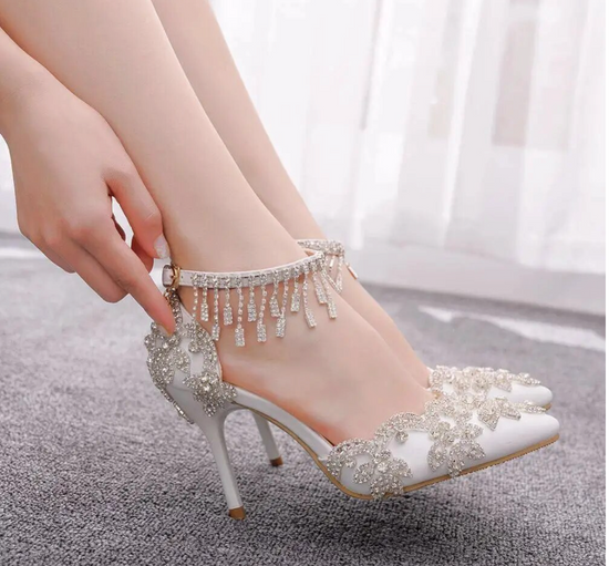 Crystal Queen White Tassel Wristband Wedding Shoes
