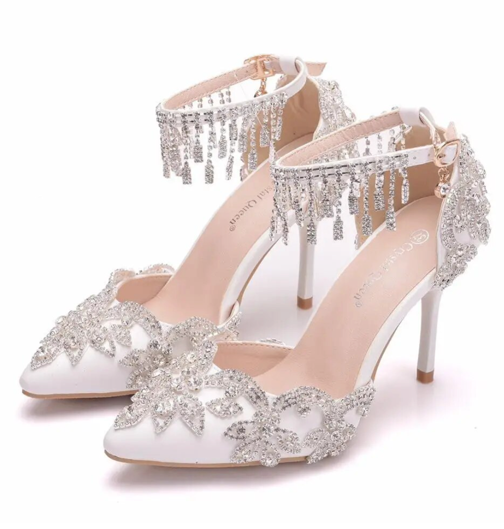 Crystal Queen White Tassel Wristband Wedding Shoes