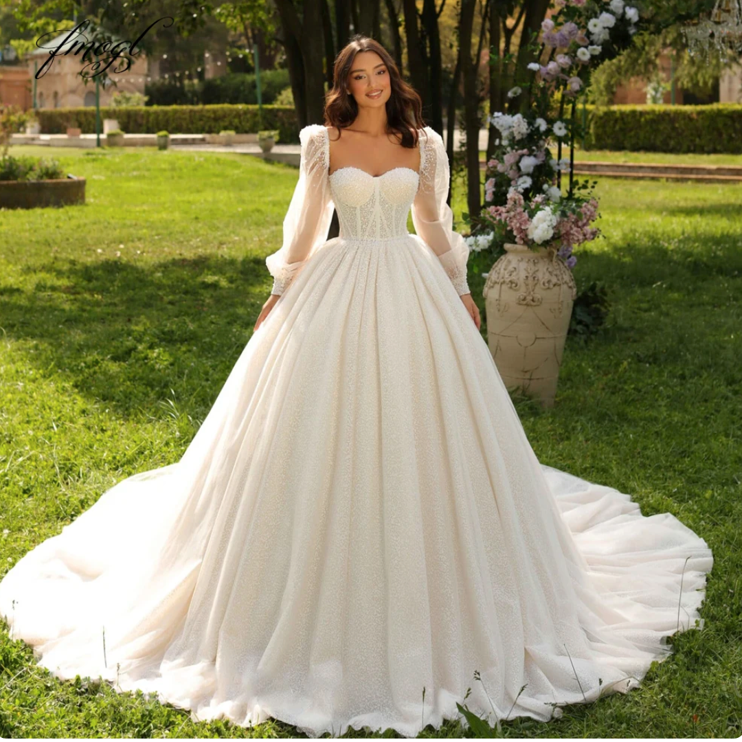 Elegant Wedding Dresses Strapless Detachable Long Sleeve Beaded Corset Style Bridal Gown