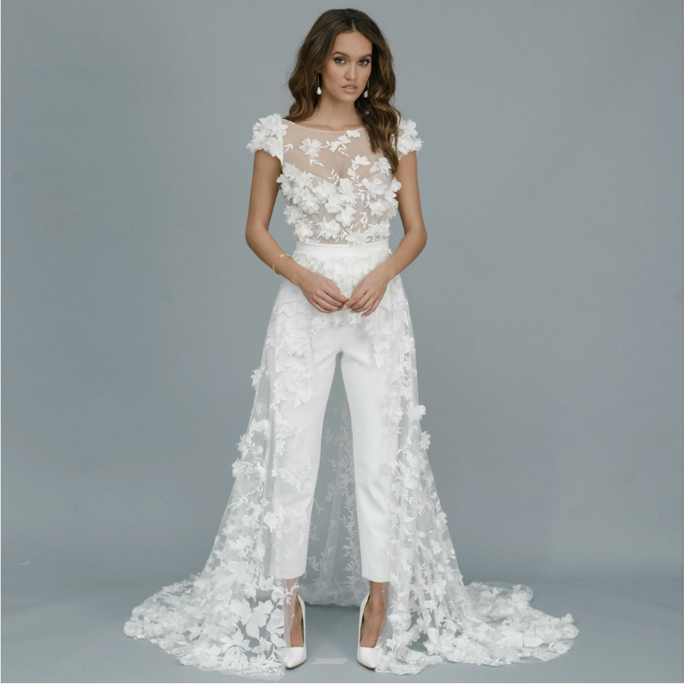 Backless Wedding Jumpsuit 3D Floral Lace Train Bridal Pants Suit