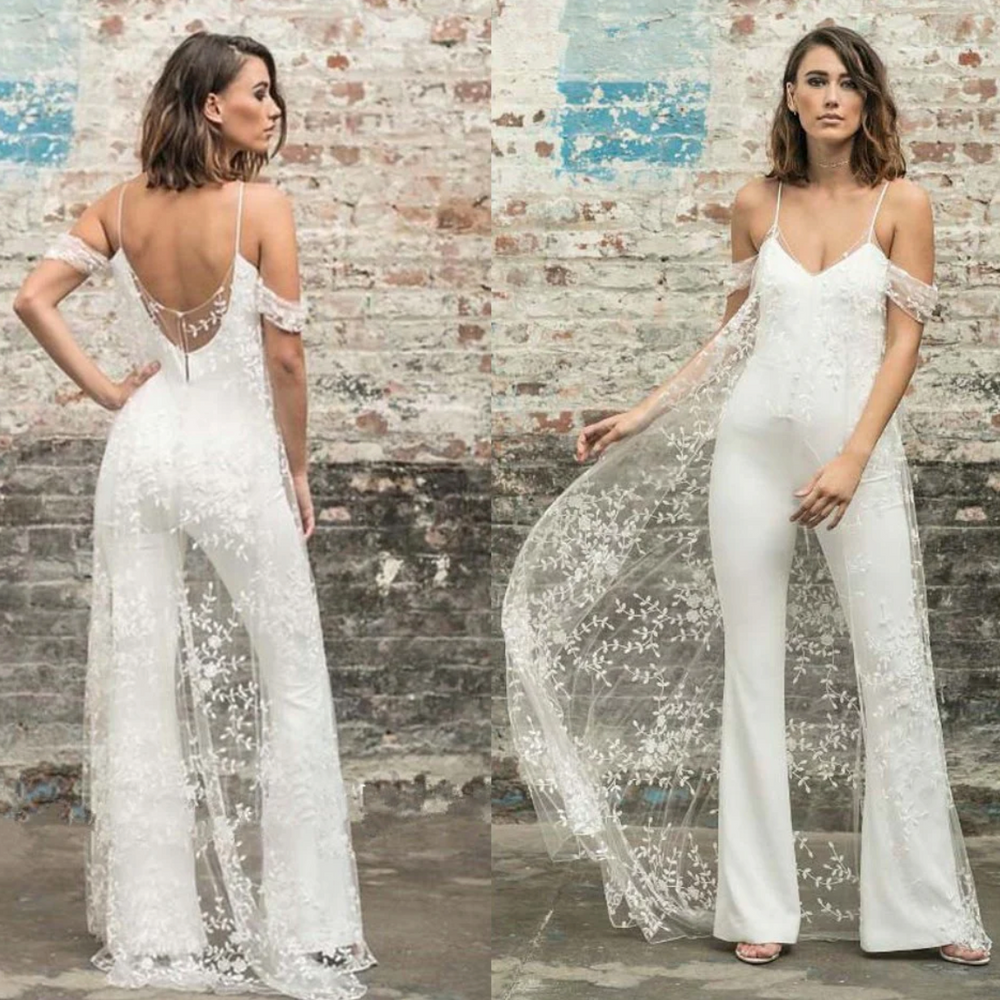 White Wedding Jumpsuit Beach Boho Chic Wedding Pants With Lace Cape