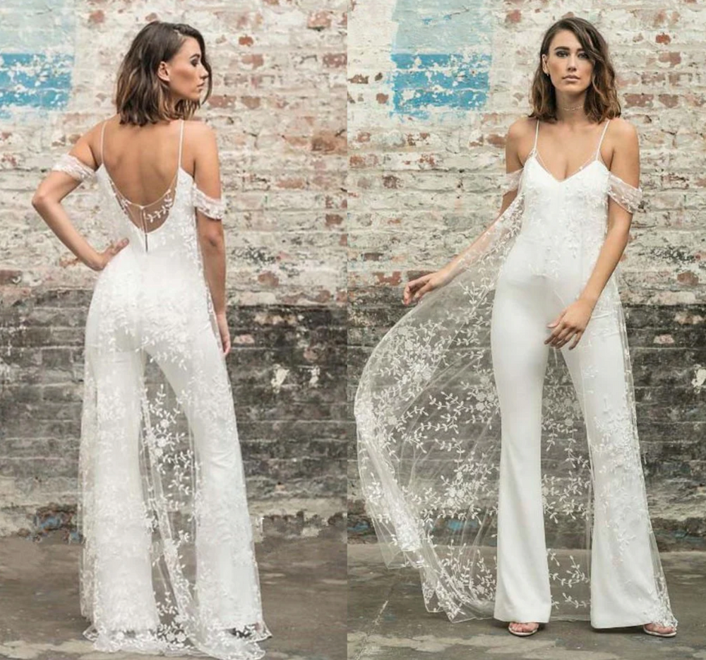 White Wedding Jumpsuit Beach Boho Chic Wedding Pants With Lace Cape