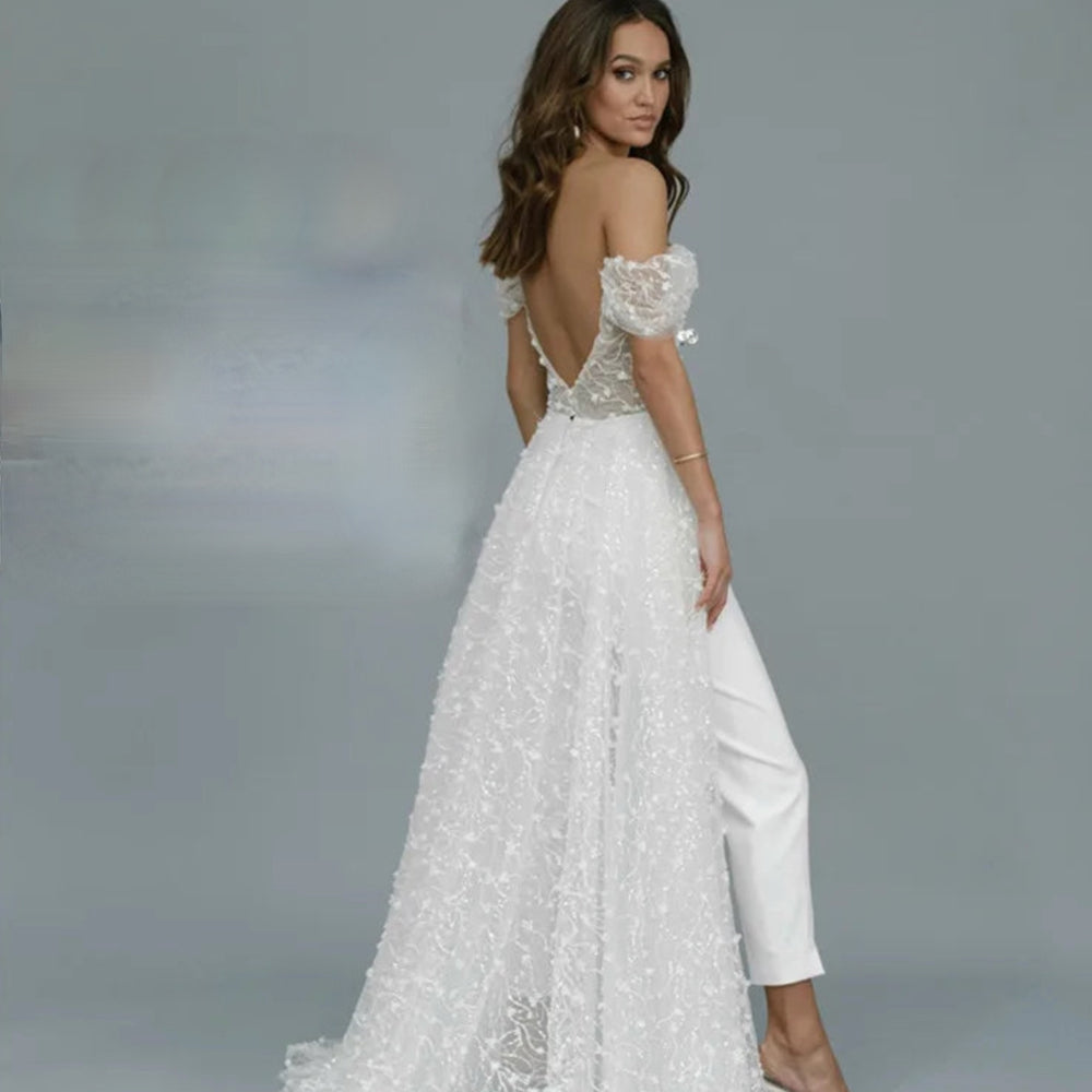 Sexy Wedding Jumpsuit with Long Train 3D Lace Bridal Pants Suit