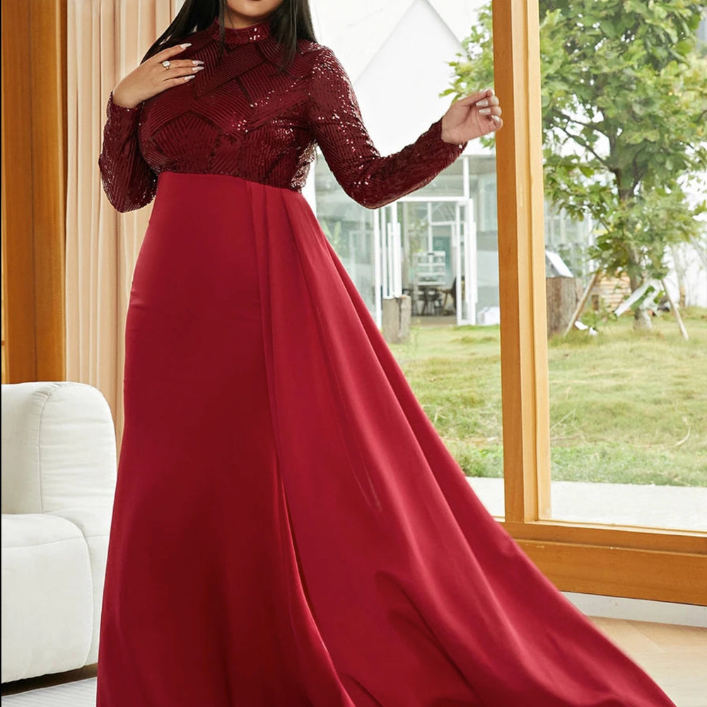 Formal Draping A-Line Long Sleeve Sequin Red Evening Dress