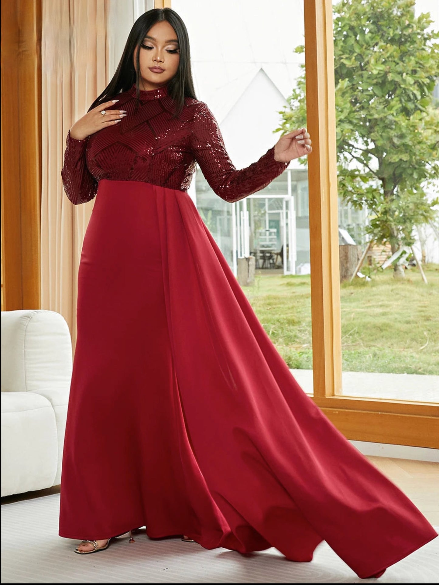 Formal Draping A-Line Long Sleeve Sequin Red Evening Dress