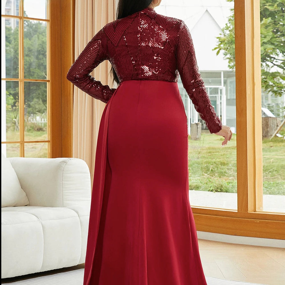 Formal Draping A-Line Long Sleeve Sequin Red Evening Dress