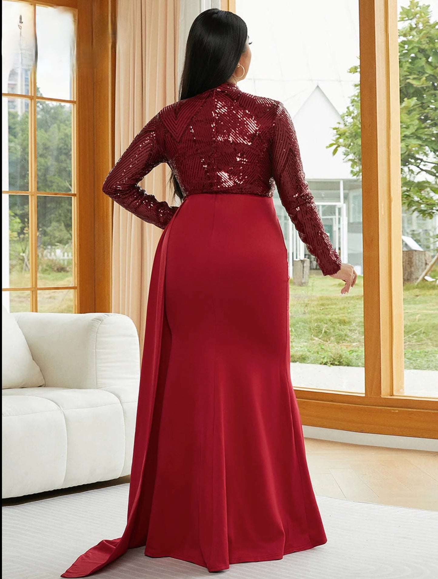 Formal Draping A-Line Long Sleeve Sequin Red Evening Dress