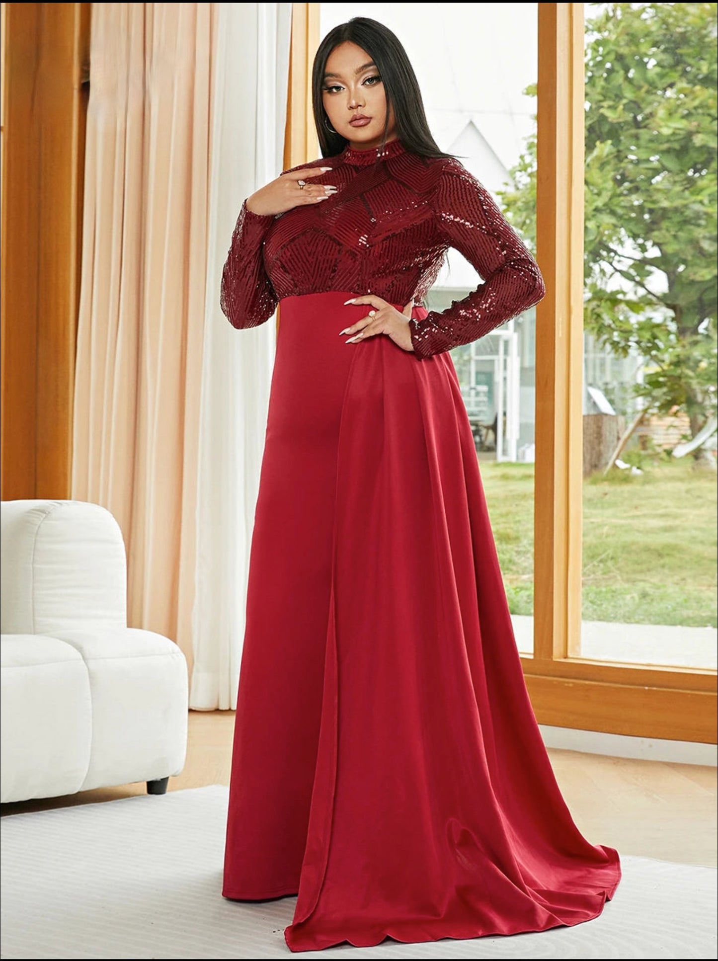 Formal Draping A-Line Long Sleeve Sequin Red Evening Dress