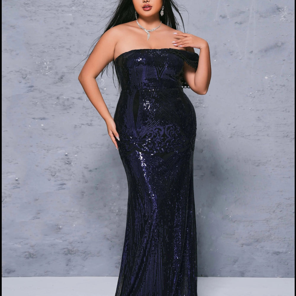 Sleeveless Sequined Dark Blue Mermaid Evening Floor Length Dress