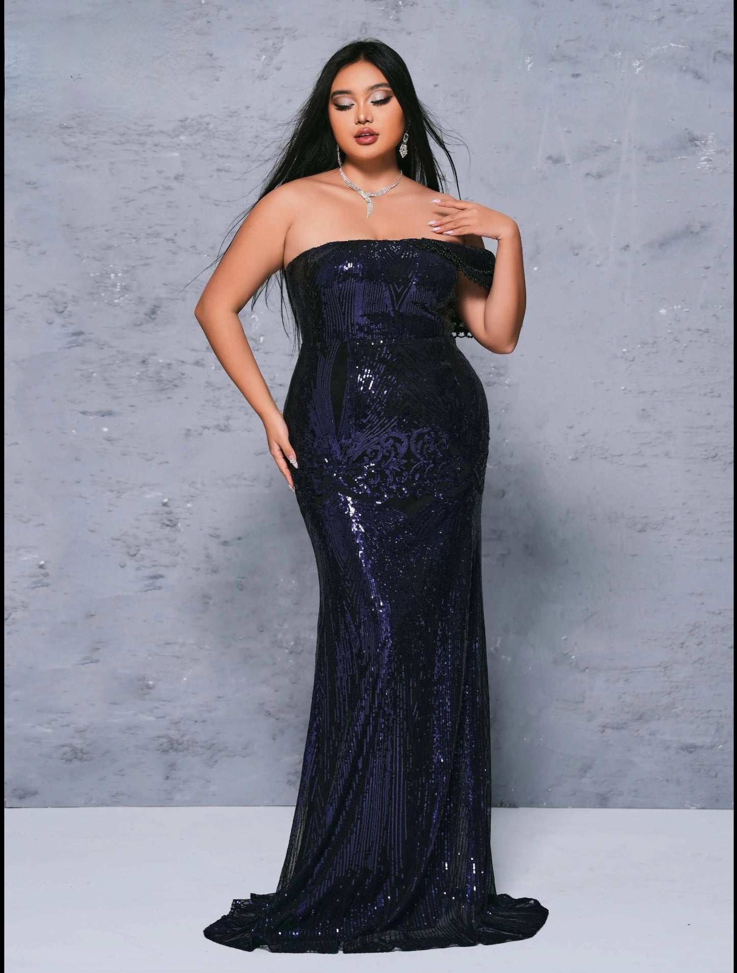 Sleeveless Sequined Dark Blue Mermaid Evening Floor Length Dress