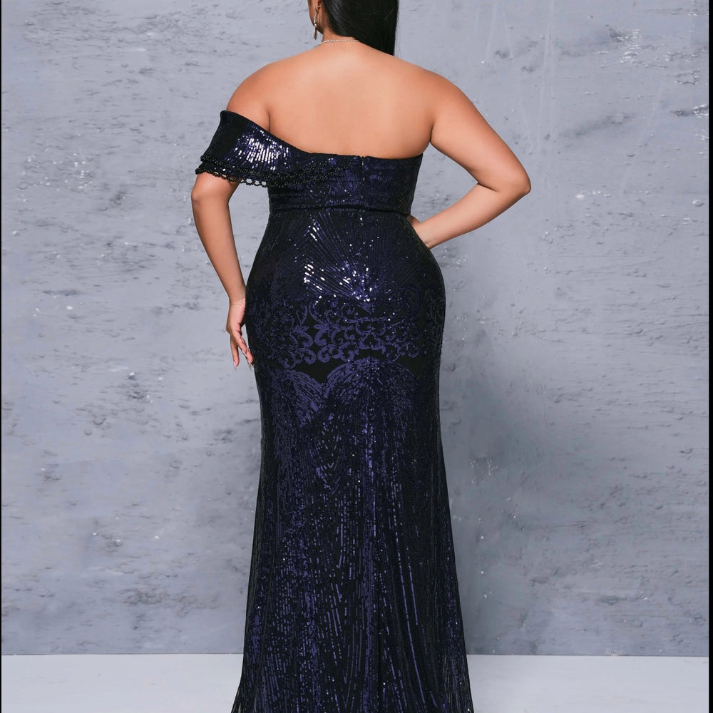 Sleeveless Sequined Dark Blue Mermaid Evening Floor Length Dress