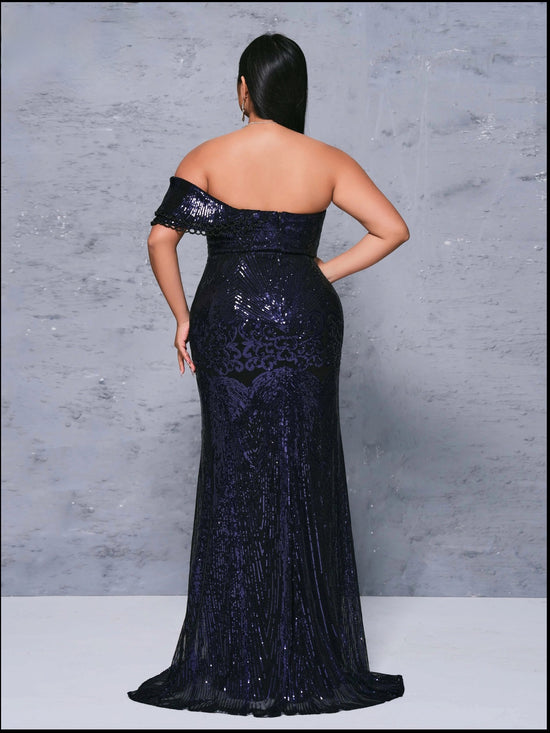 Sleeveless Sequined Dark Blue Mermaid Evening Floor Length Dress
