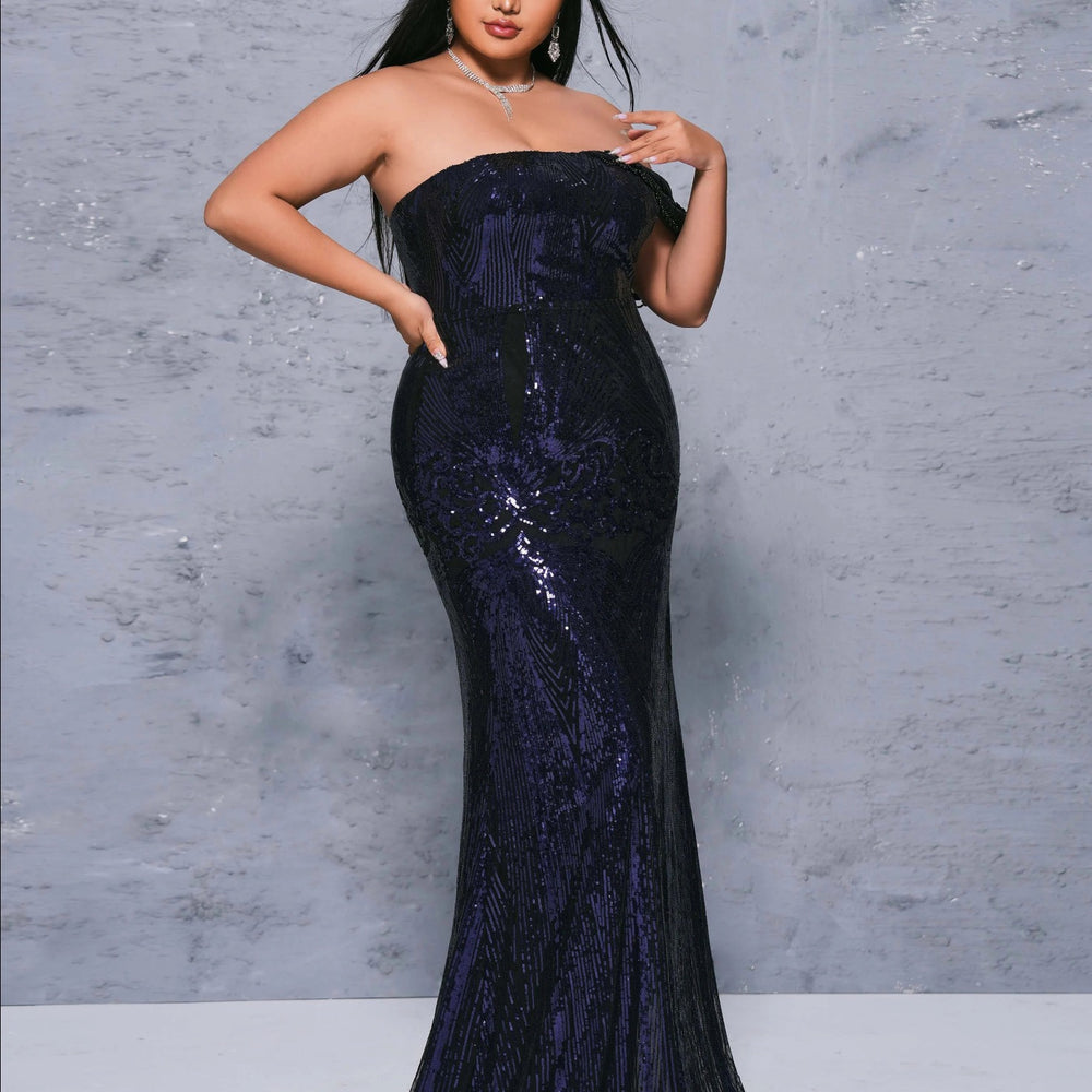 
                      
                        Sleeveless Sequined Dark Blue Mermaid Evening Floor Length Dress
                      
                    