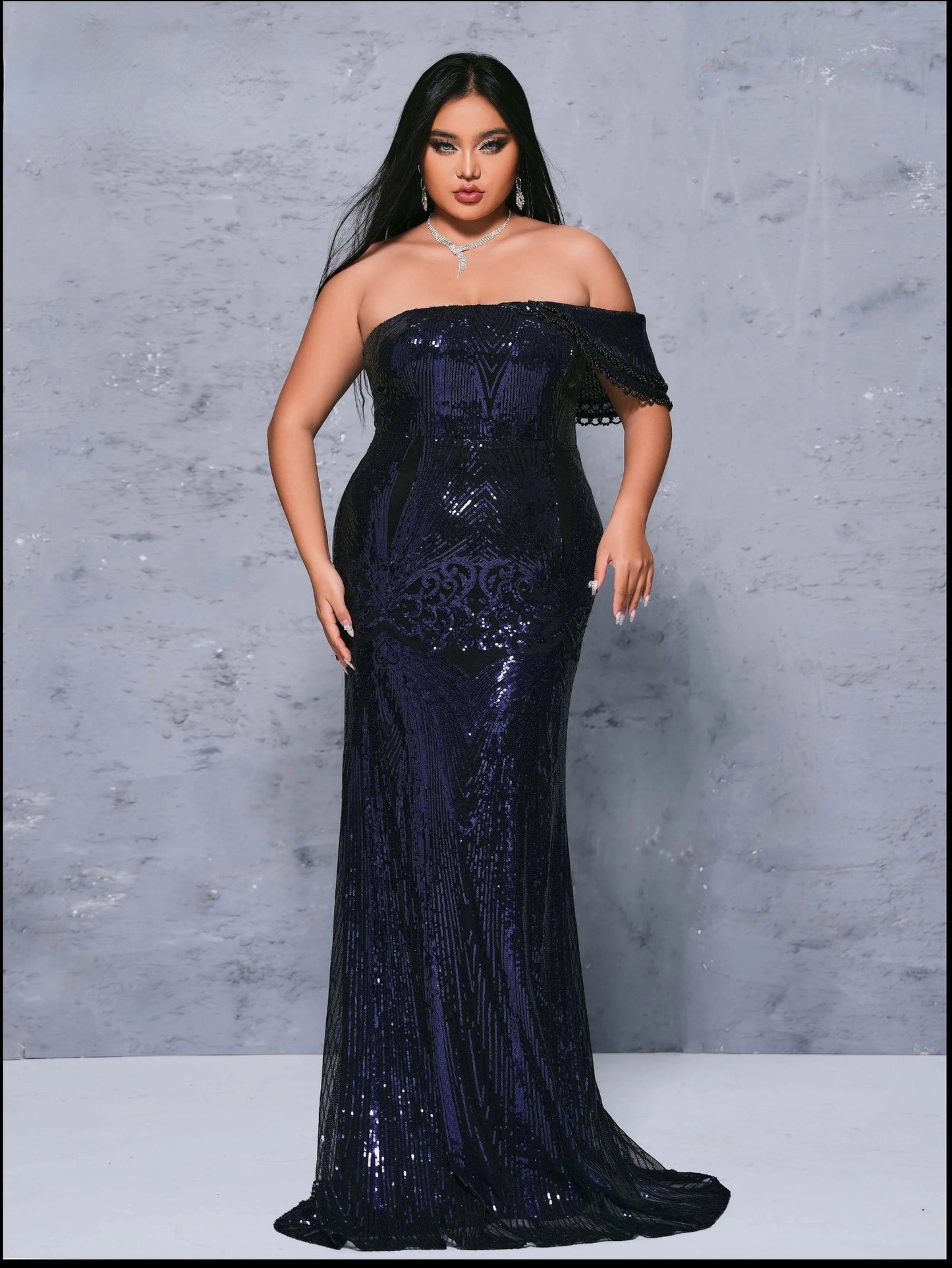 Sleeveless Sequined Dark Blue Mermaid Evening Floor Length Dress