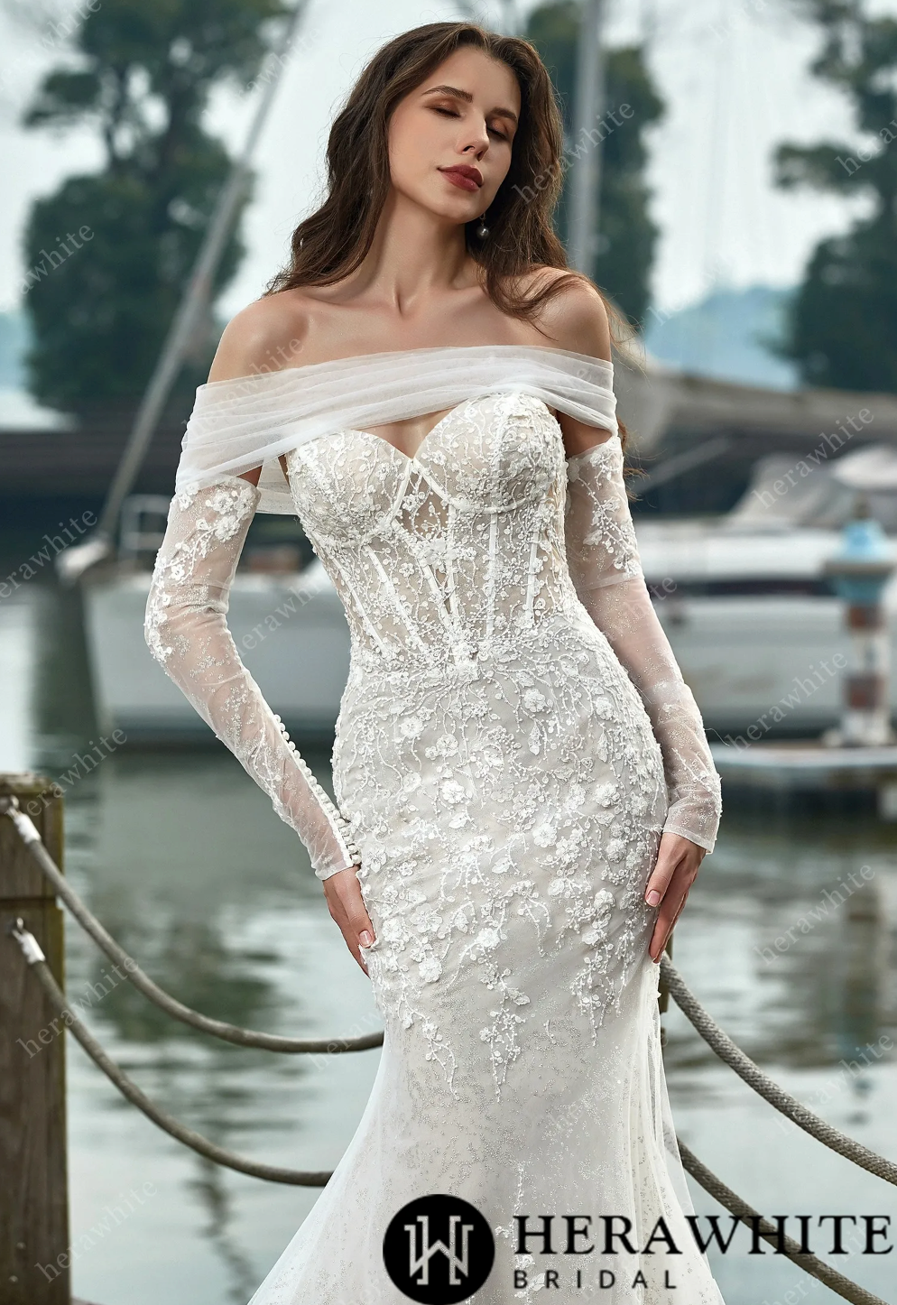 Beaded Sequin Lace and Long Sleeve Corset Bodice Wedding Dress