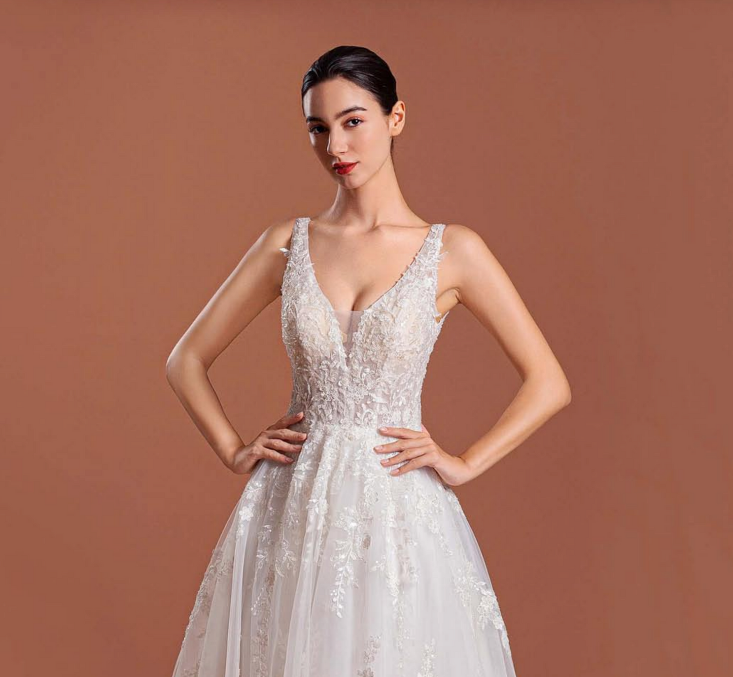 Classic A Line Tulle Lace V Neck Bridal Wedding Dress