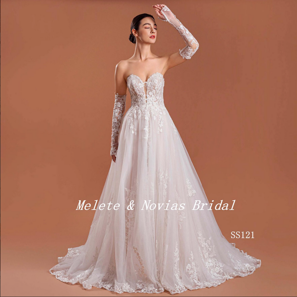 Modern Deep V Tulle Lace A line Bridal Gown with Detached Sleeves