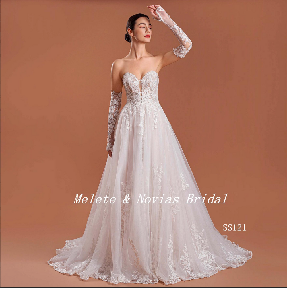 Modern Deep V Tulle Lace A line Bridal Gown with Detached Sleeves