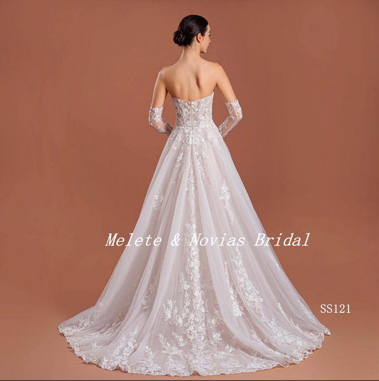 Modern Deep V Tulle Lace A line Bridal Gown with Detached Sleeves