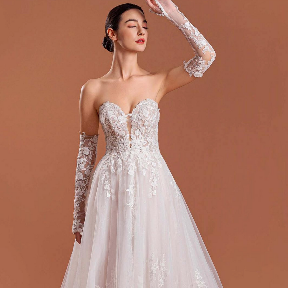 
                      
                        Modern Deep V Tulle Lace A line Bridal Gown with Detached Sleeves
                      
                    