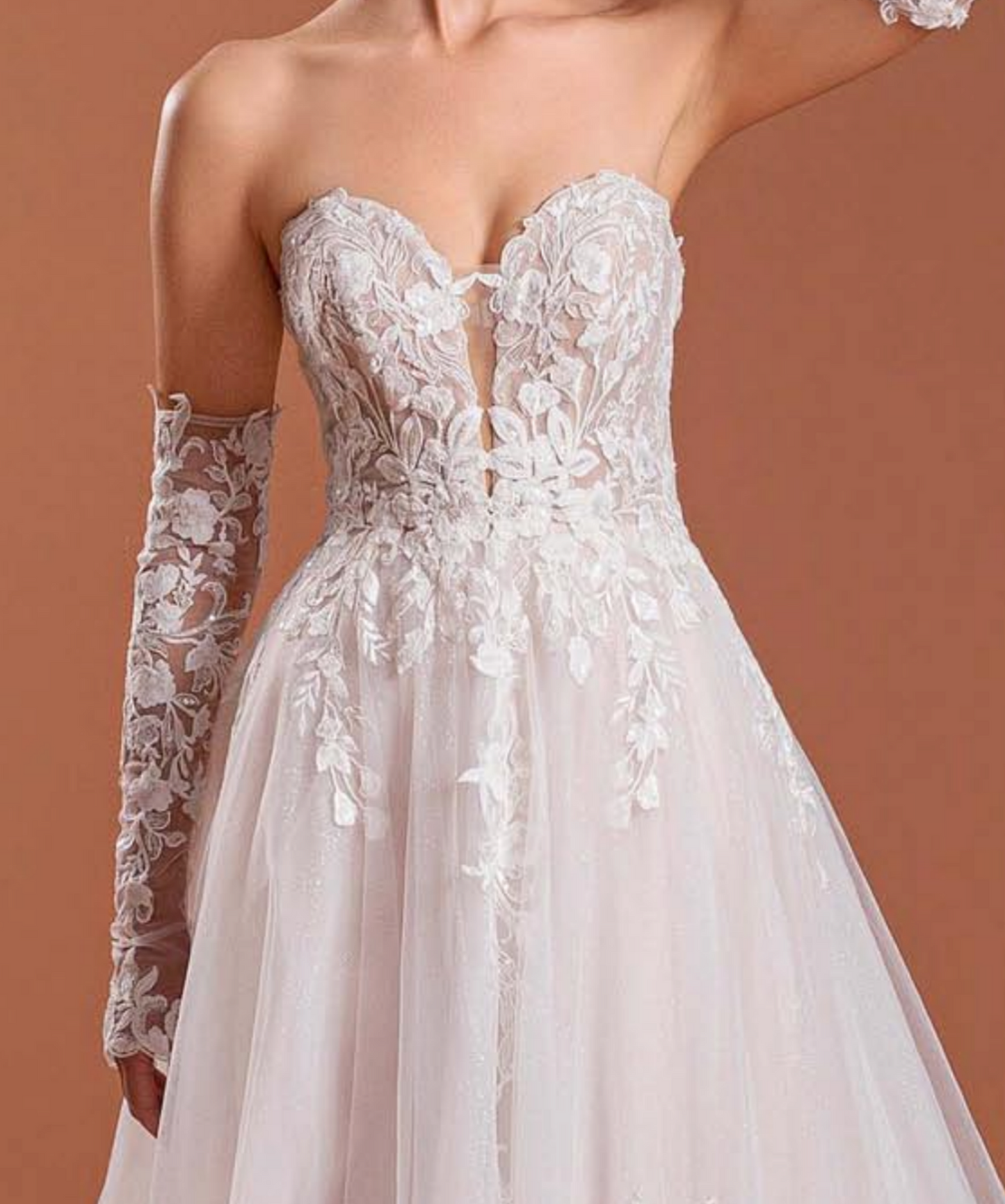 Modern Deep V Tulle Lace A line Bridal Gown with Detached Sleeves