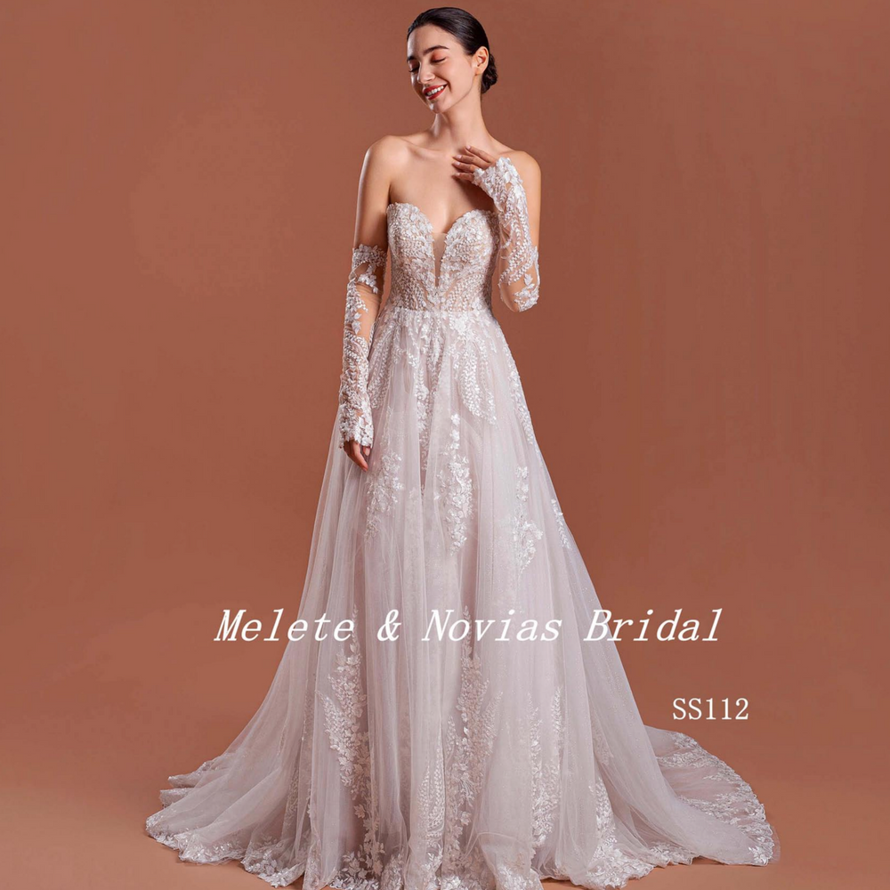 Boho Lace A Line Wedding Gown with Detachable Lace Sleeves