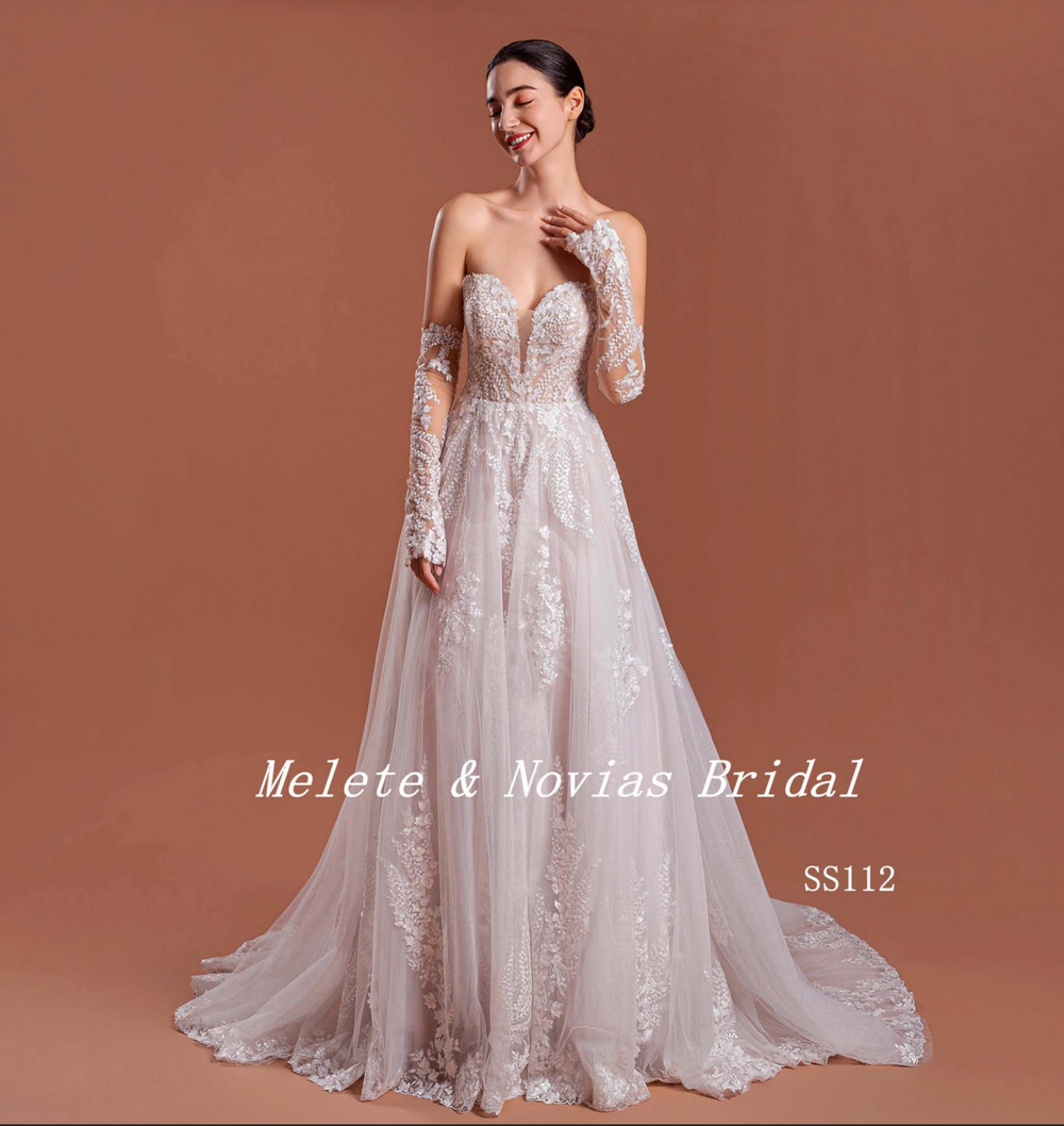 Boho Lace A Line Wedding Gown with Detachable Lace Sleeves