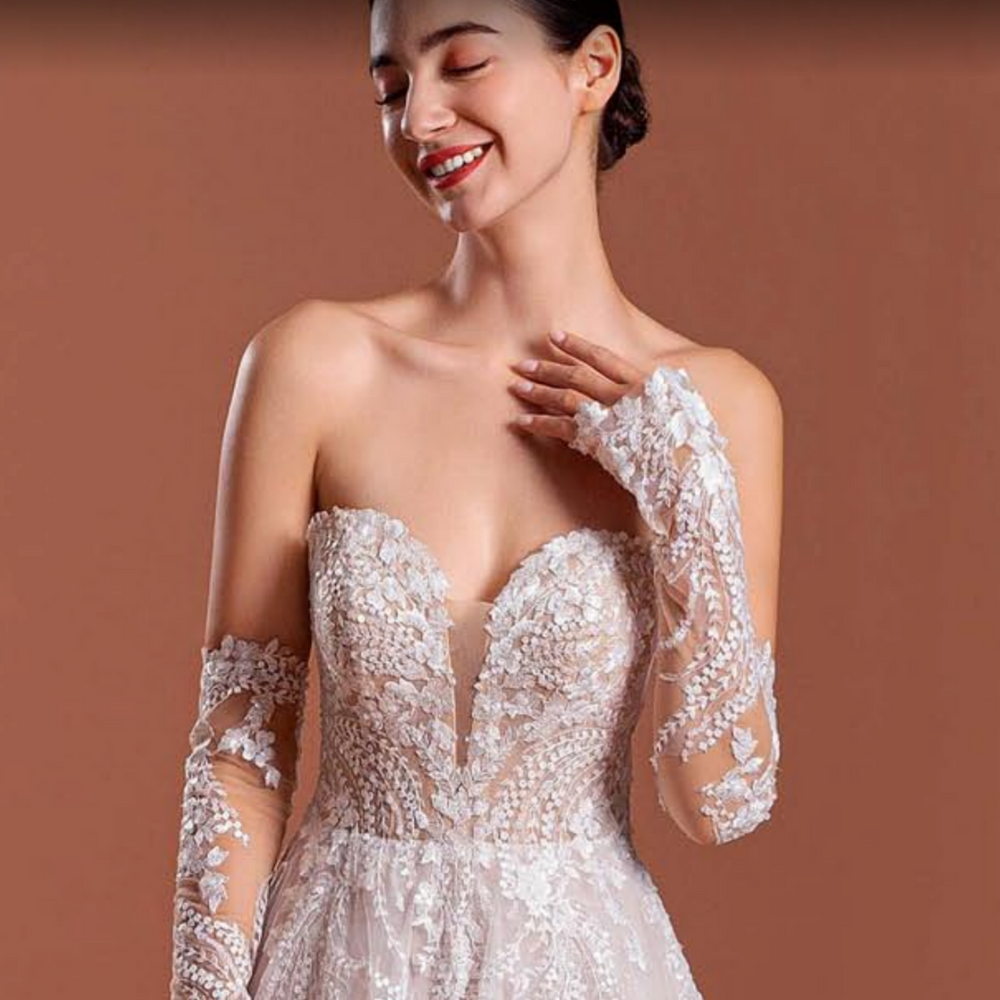 
                      
                        Boho Lace A Line Wedding Gown with Detachable Lace Sleeves
                      
                    