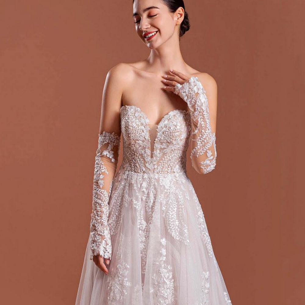 
                      
                        Boho Lace A Line Wedding Gown with Detachable Lace Sleeves
                      
                    