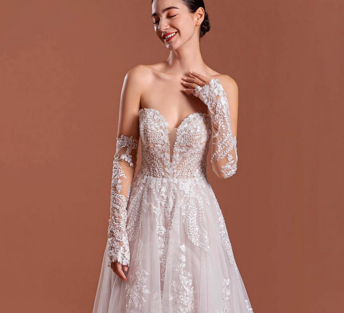 Boho Lace A Line Wedding Gown with Detachable Lace Sleeves