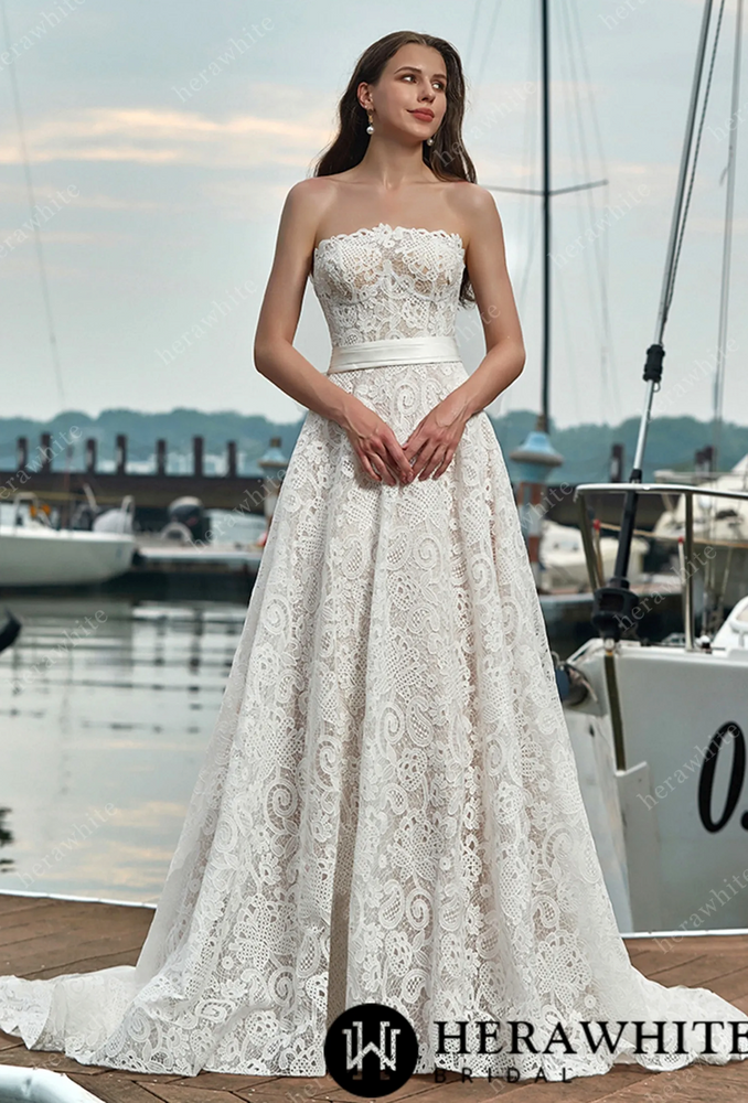 Strapless Lace Wedding Dress with Belt and Detachable Bow