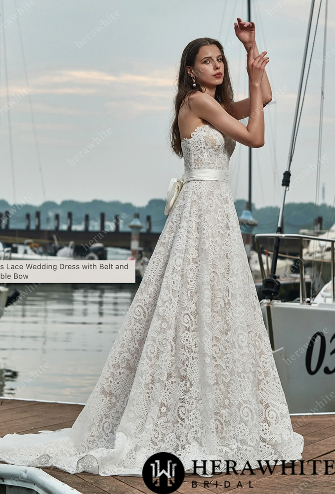 
                      
                        Strapless Lace Wedding Dress with Belt and Detachable Bow
                      
                    