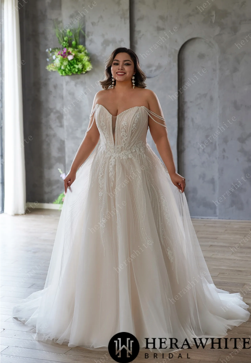 Plus-size Dream: Off-shoulder Tulle Gown with Bead Embroidery